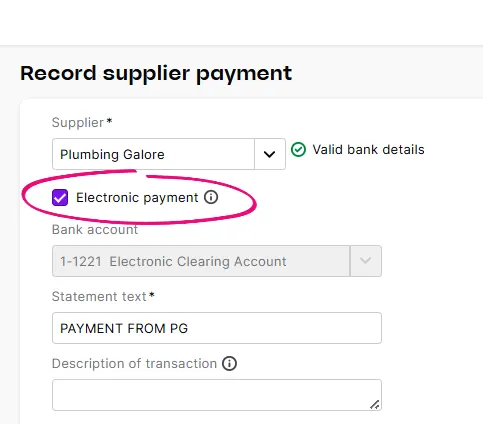 Example bill payment with supplier field and electronic payment option highlighted