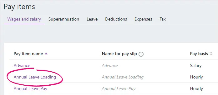 Pay item list with leave loading highlighted
