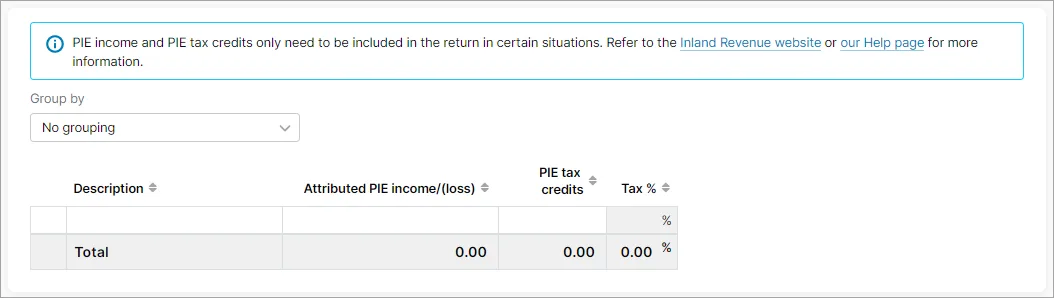 The Portfolio investment entities (PIE) income schedule showing a Group by field and a table
