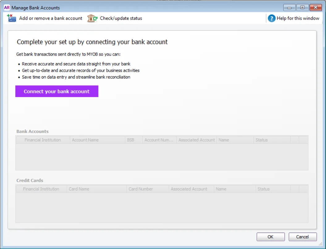 Manage bank accounts window with Connect your bank account button