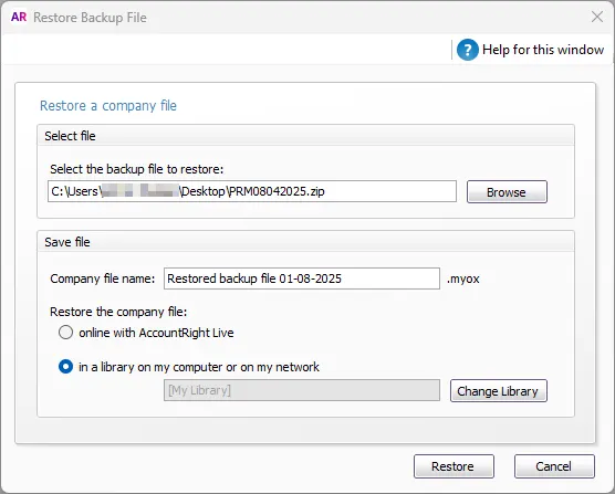 Example restoring of company file with backup file and company file names shown