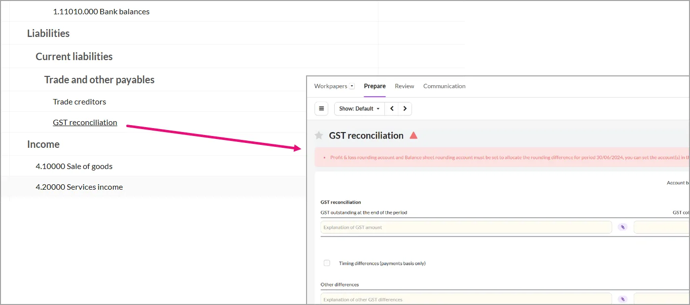 GST reconciliation template opened from the Liabilities section