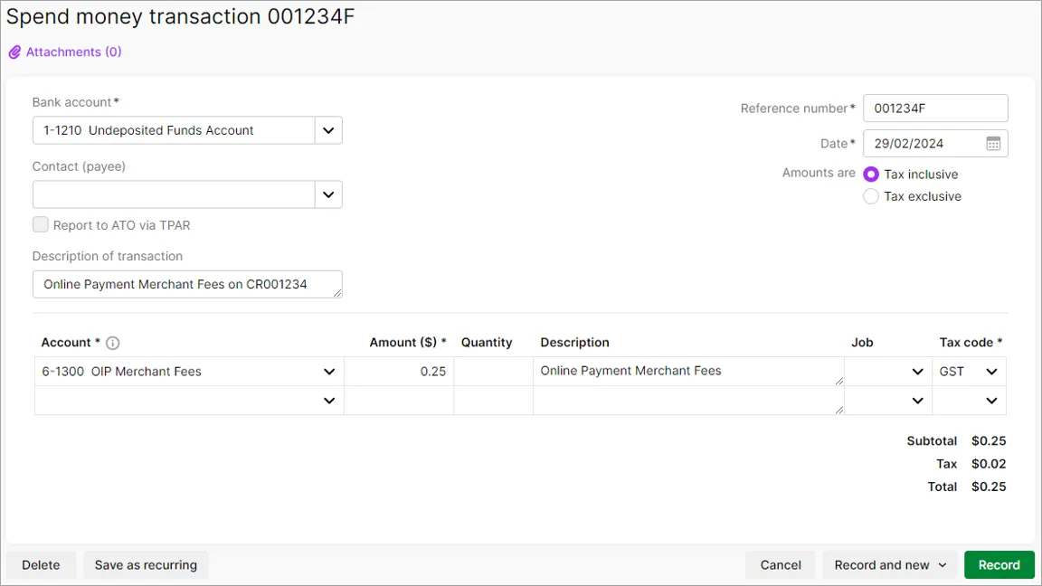 Example spend money transaction with one line for 25c transaction fee