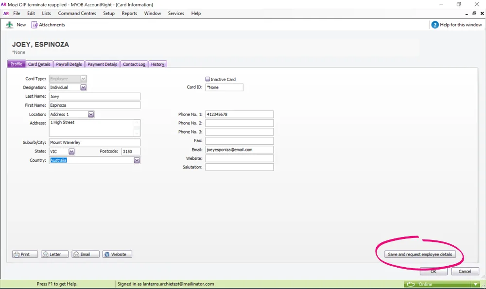 Save and request employee details button highlighted