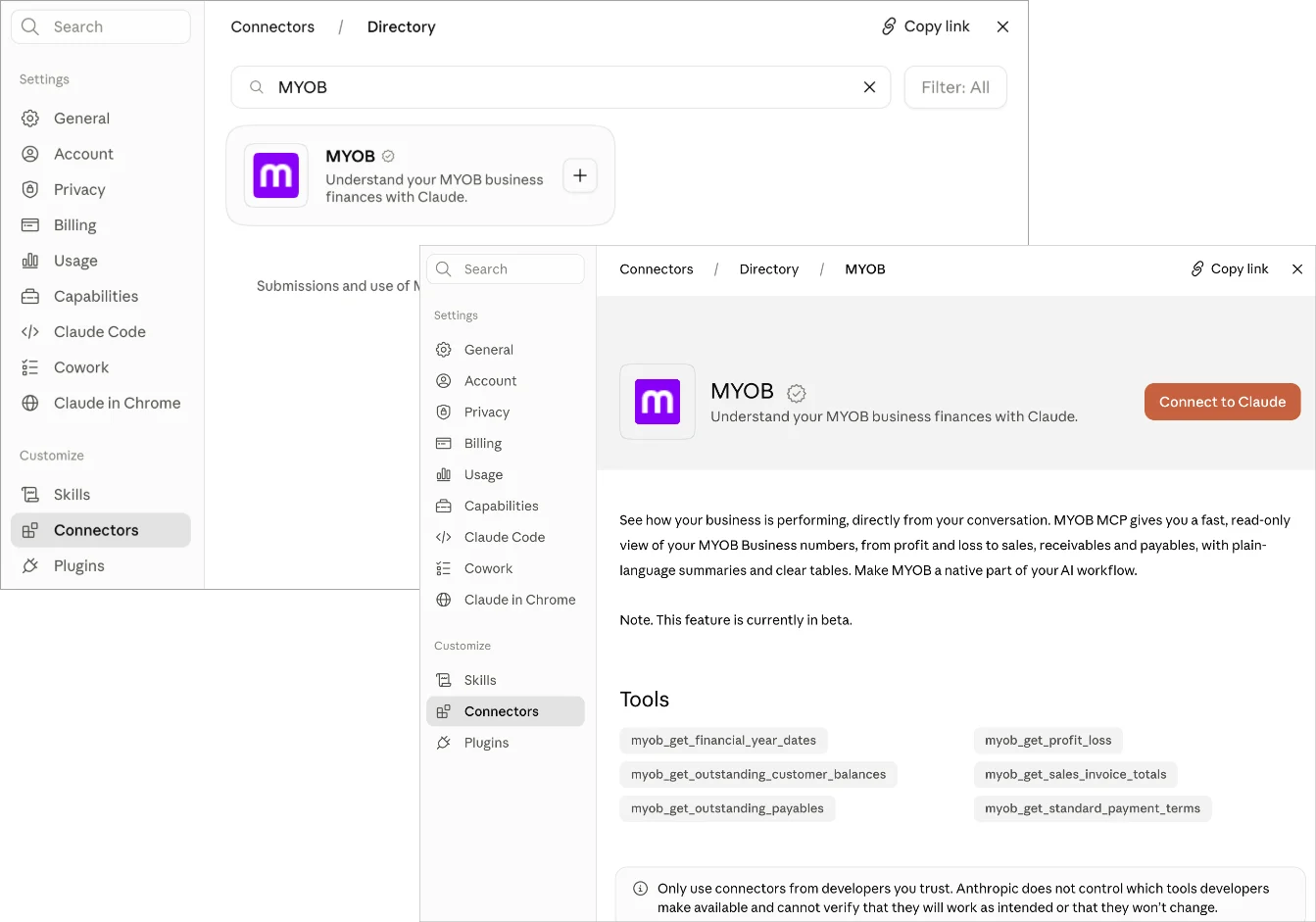 Example Claude connectors directory with MYOB shown