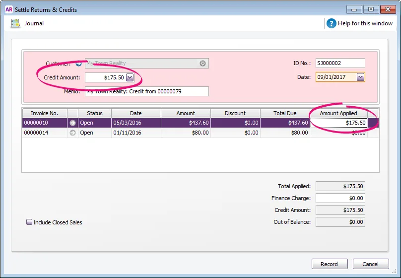 Example credit being applied to an open invoice with amount applied highlighted