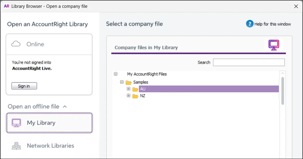 Welcome window with sample files