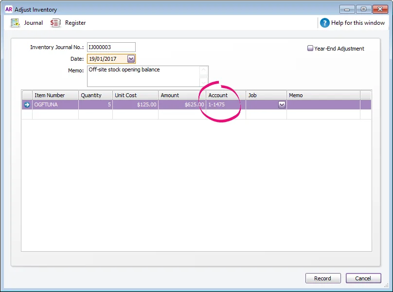 Example inventory adjustment with account highlighted
