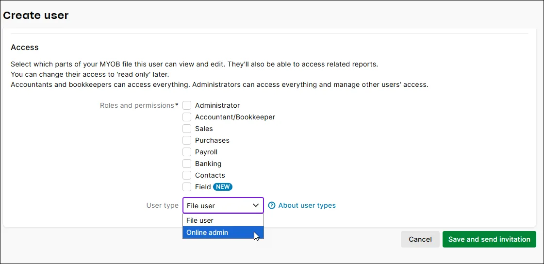 Choose Online admin when you create a user