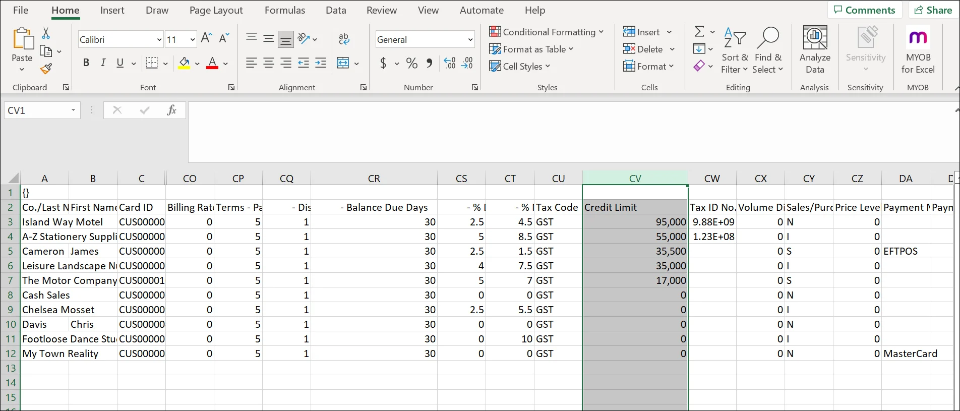 AccountRight customers exported to Excel showing credit limits