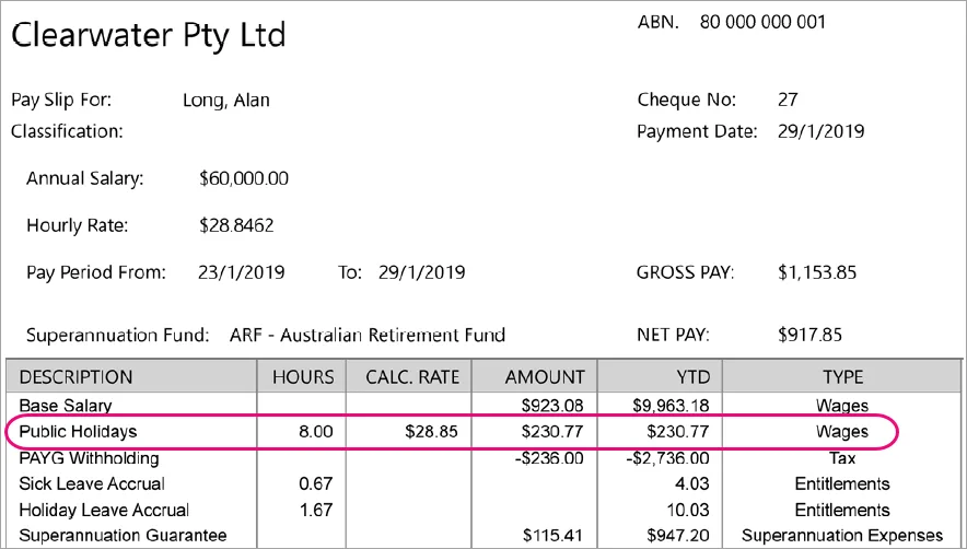 Example pay slip showing public holiday