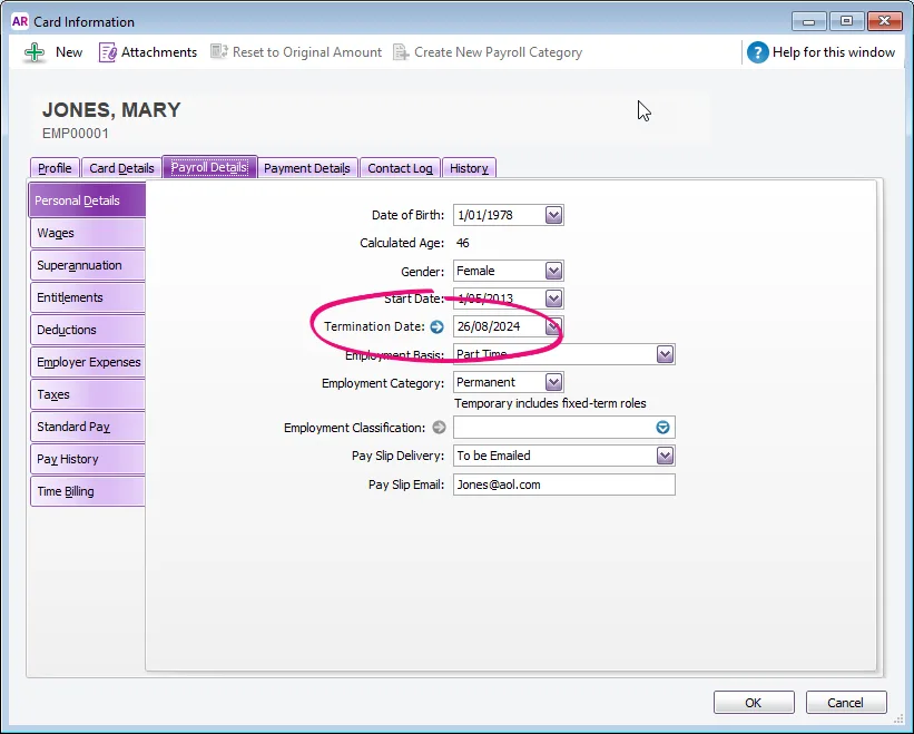 Employee card with termination date highlighted