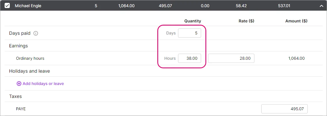 Example pay with days and hours highlighted