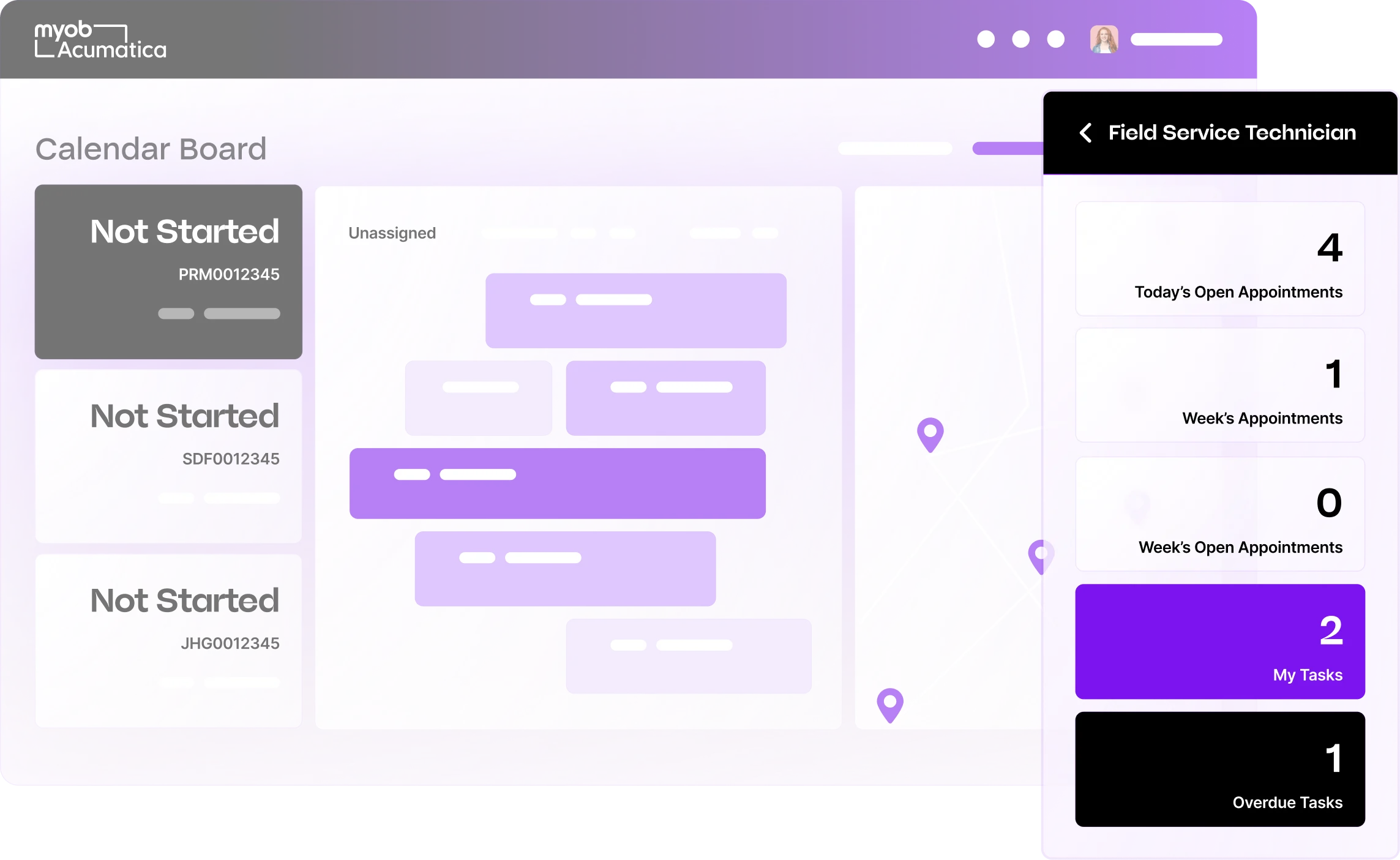 MYOB Acumatica Calendar Board interface showing appointment scheduling for Field Service Technicians with task counts and status.