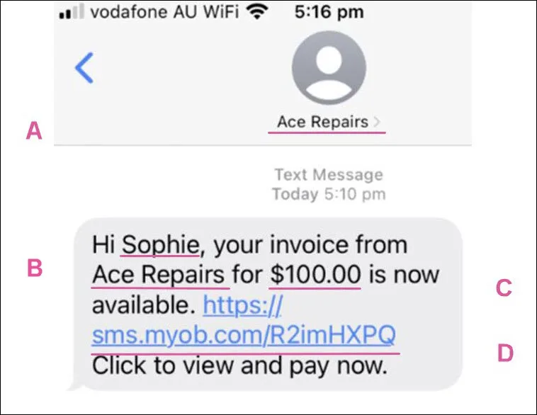 A typical MYOB online invoice payments SMS message