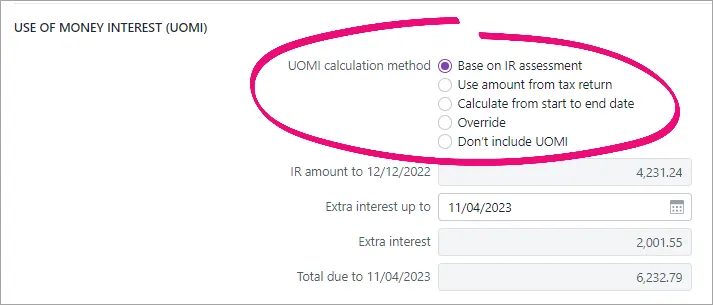 The UOMI calculation method options highlighted in the Use of Money Interest (UOMI) section