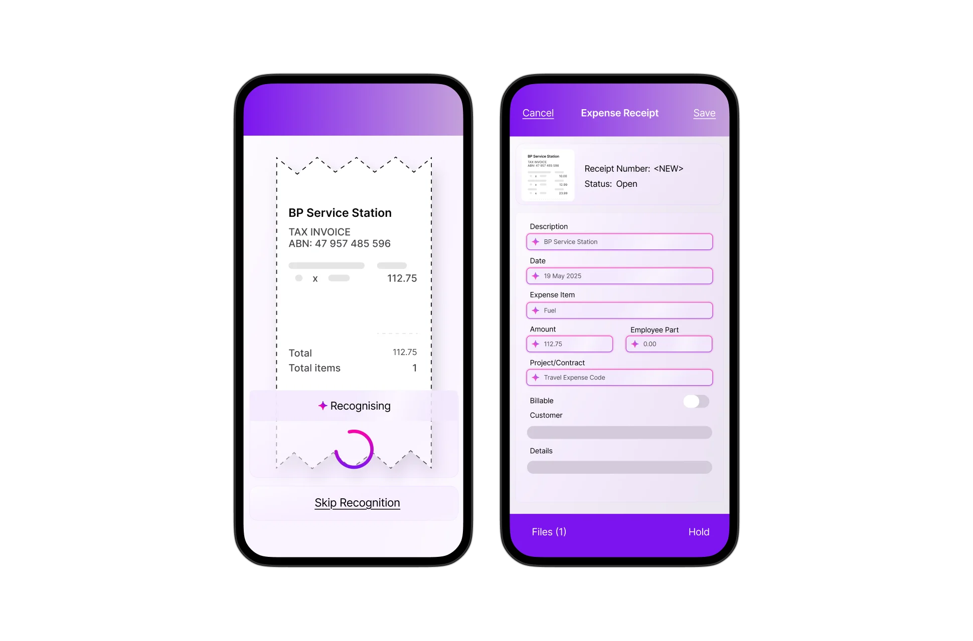 Two mobile screens showing an expense receipt app scanning a BP Service Station tax invoice and auto-filling an expense form.