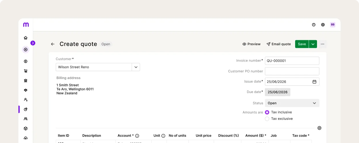 Screenshot of a Create Quote form in accounting software, showing customer details, invoice number, dates, and line items.
