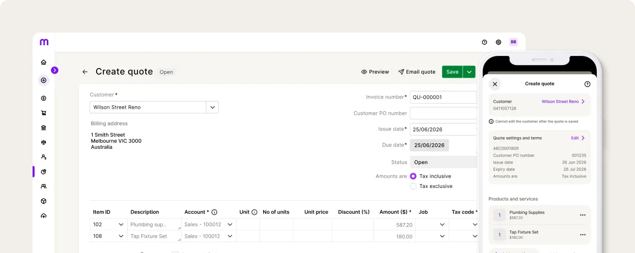 A desktop and mobile view of a Create Quote screen showing customer details, billing address, invoice items, and tax settings.