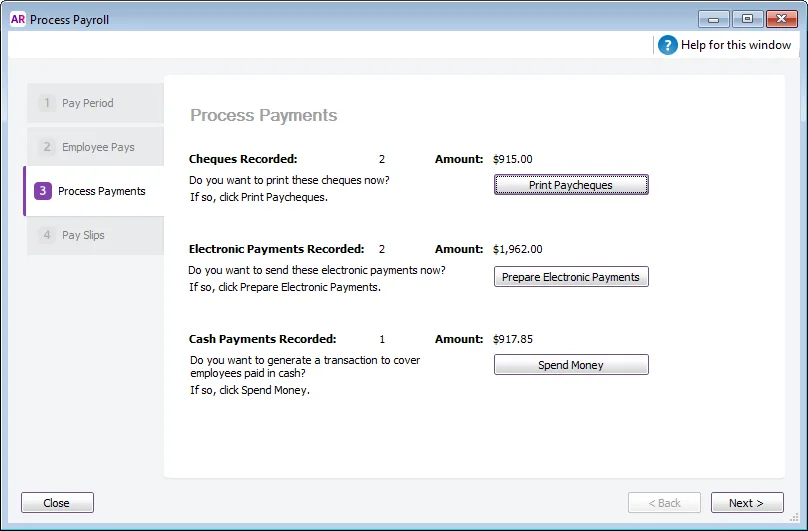 Example Process payments step of a pay run
