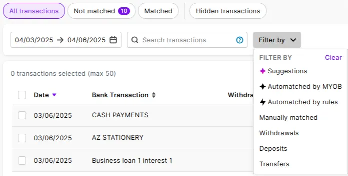 Use the filters at the top of the Bank transactions page to find matches suggestions and unmatched transactions