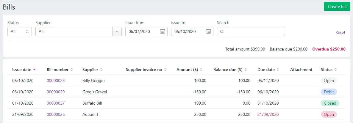 List of bills with different statuses