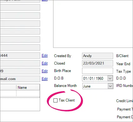 Tax client option highlighted