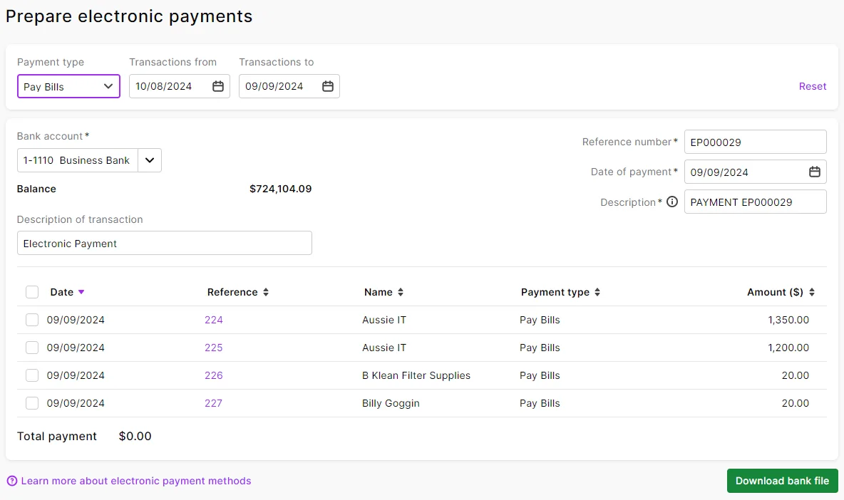 Example prepare electronic payments screen