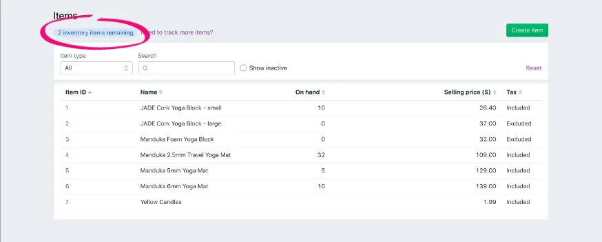 Items list showing how many more inventory items you can track