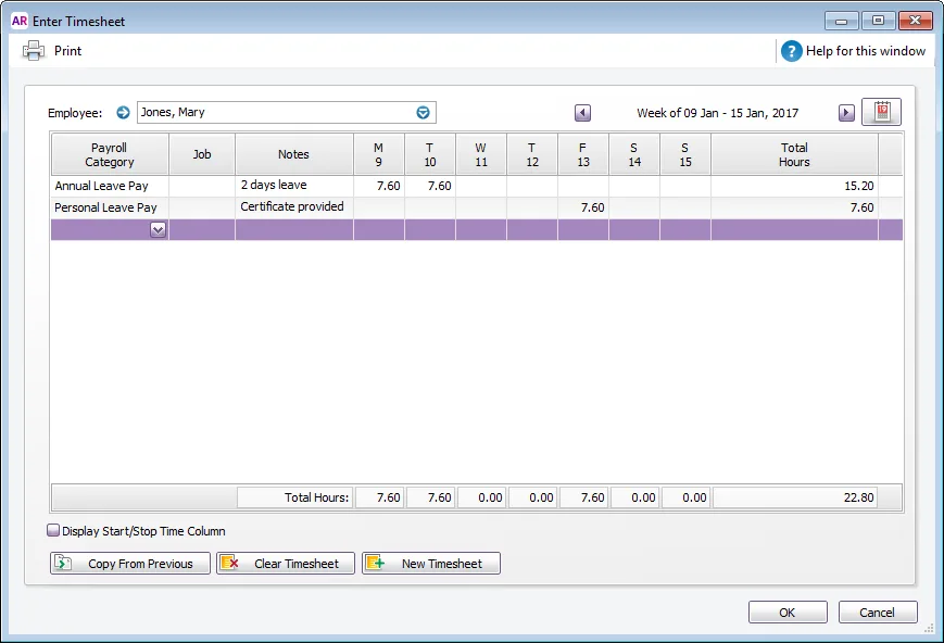 Example leave on timesheet