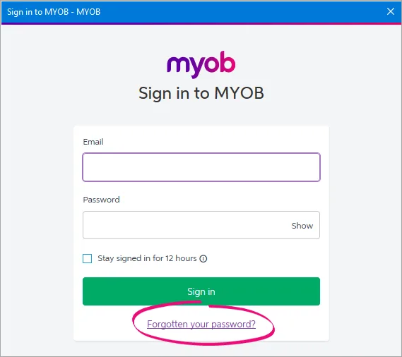 MYOB sign in prompt with forgotten your password link highlighted