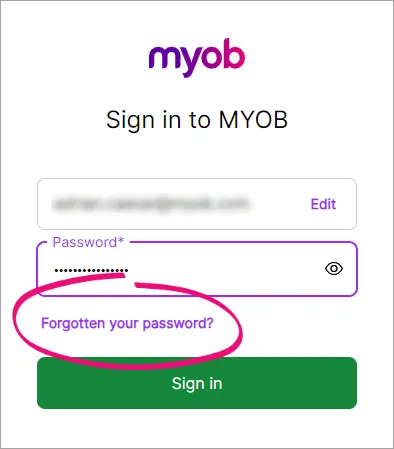 MYOB sign in prompt with forgotten your password link highlighted