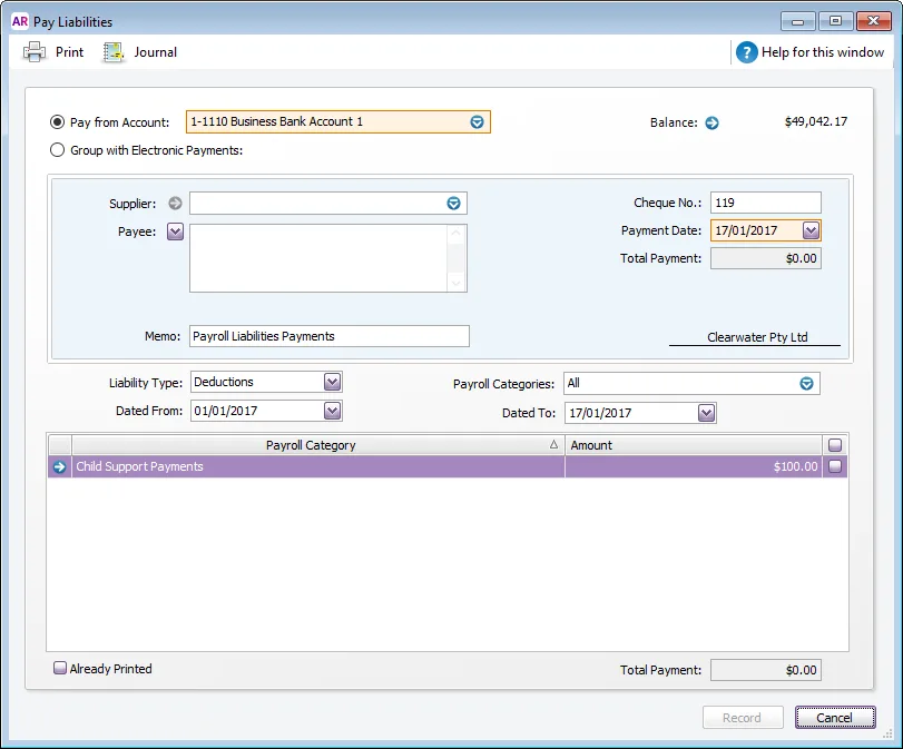 Example pay liabilities window