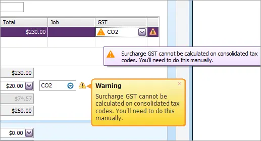 Example sale with consolidated tax code warnings for surcharge GST