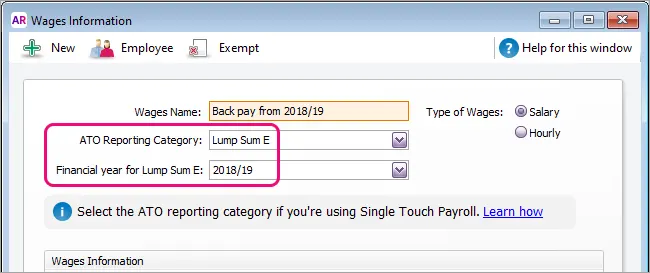 Example lump sum e payroll category with reporting category and FY highlighted