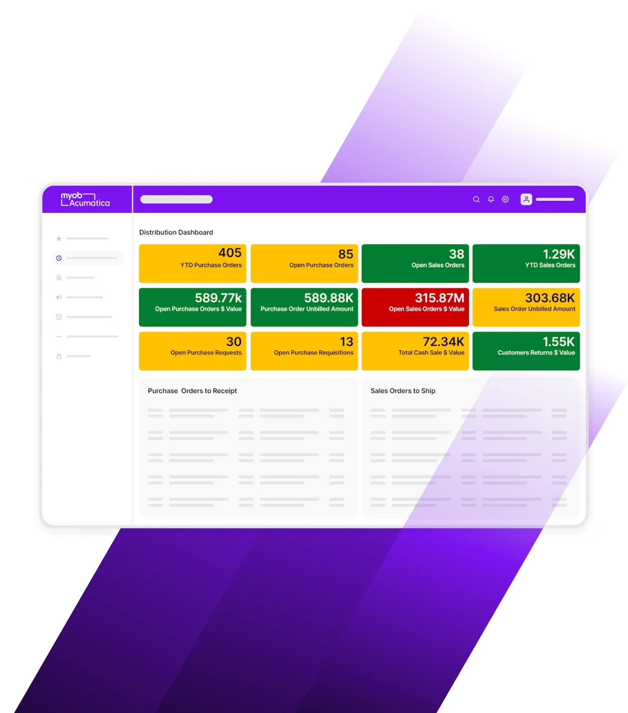 MYOB Acumatica distribution dashboard showing sales and purchase metrics with colorful data cards on purple background.