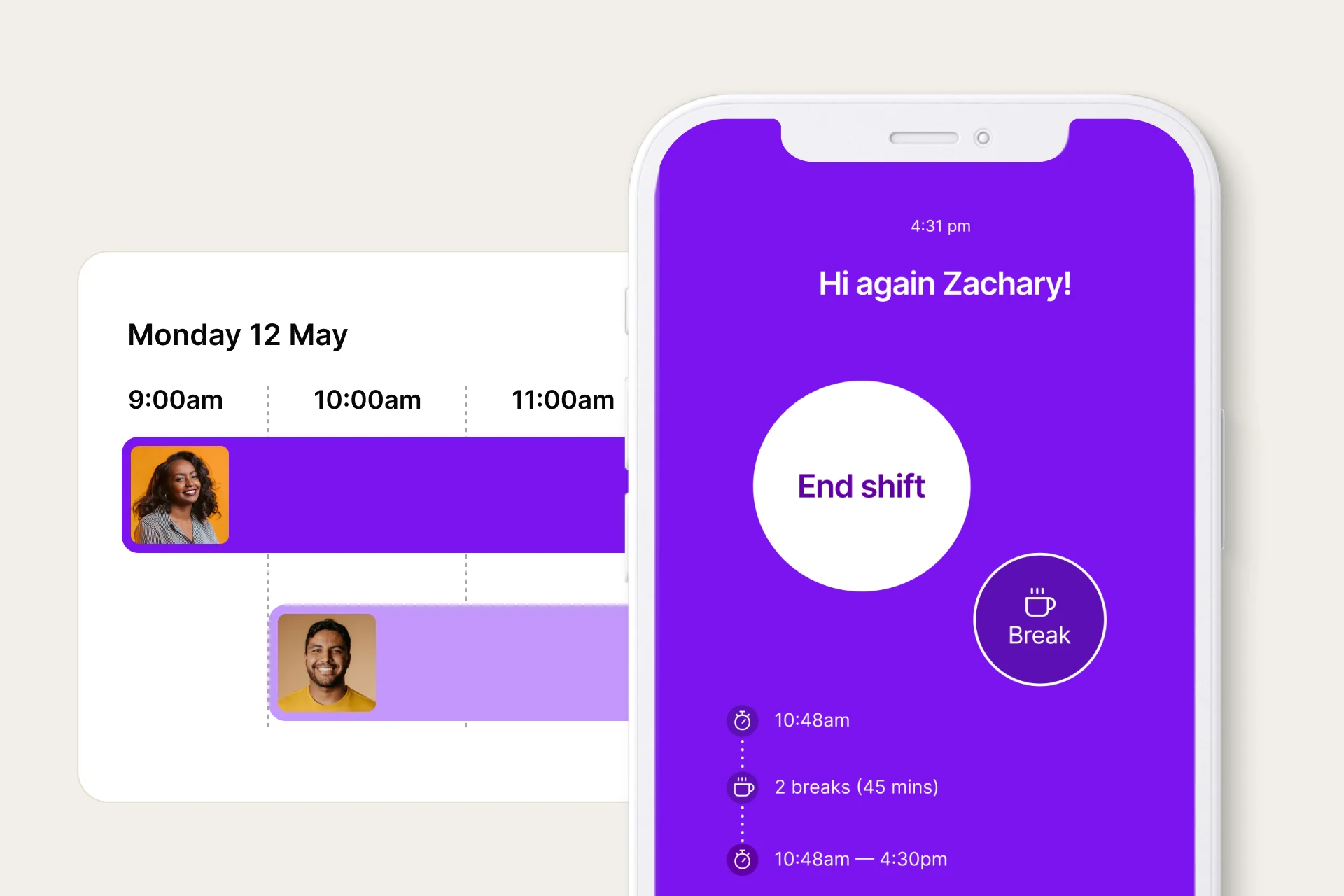 MYOB Team employee self-service app, showing clock on and off feature for employees to click a button to start and end shift or take break - updating timesheets with hours worked.