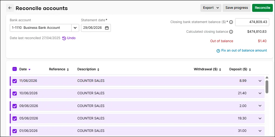 Reconcile accounts page in classic banking showing an out of balance amount