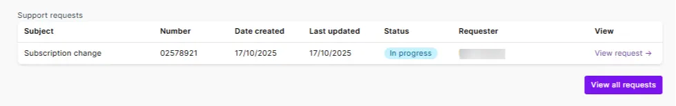View your support requests and see their status at the bottom of the My Account page