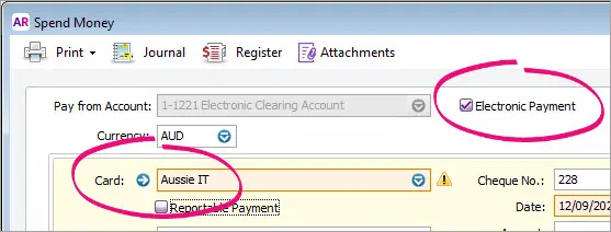 Example spend money transaction with electronic payment option and Card field highlighted