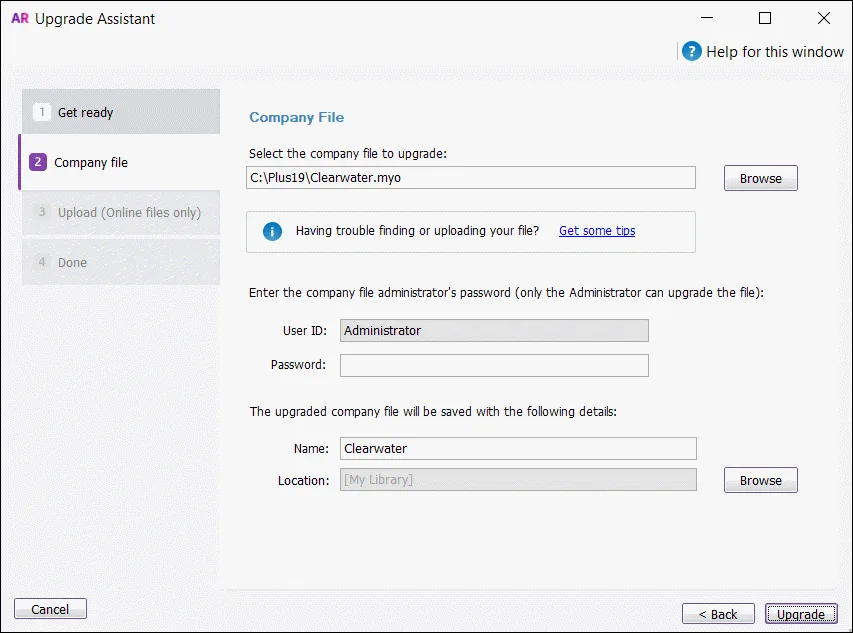 Upgrade assistant with file selected