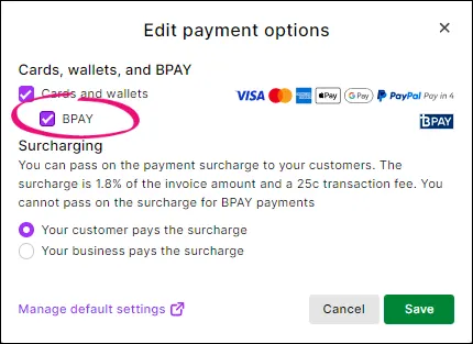 Bpay Example Turning BPAY on or off for online payments