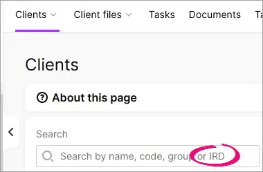 IRD highlighted in the Clients page Search field prompt