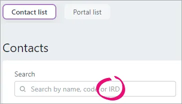 "IRD" highlighted in the Contacts page Search field text saying "Search by name, code or IRD"
