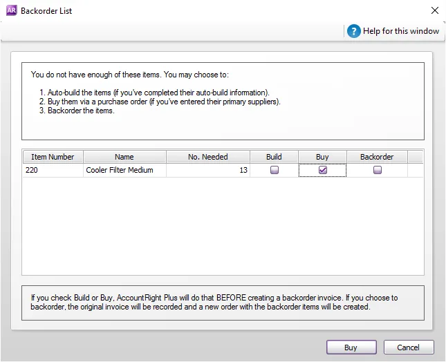 Example backorder list window with one item listed