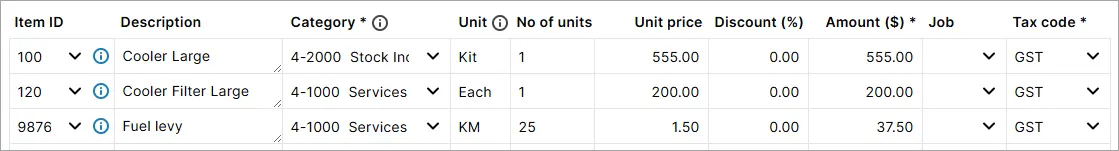 Example invoice lines with fuel levy charged at a per KM basis