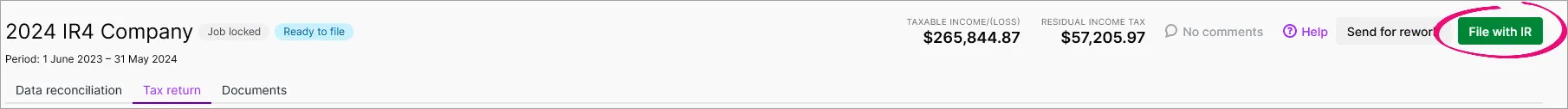 File with IR button highlighted on the top-right of the Tax return page