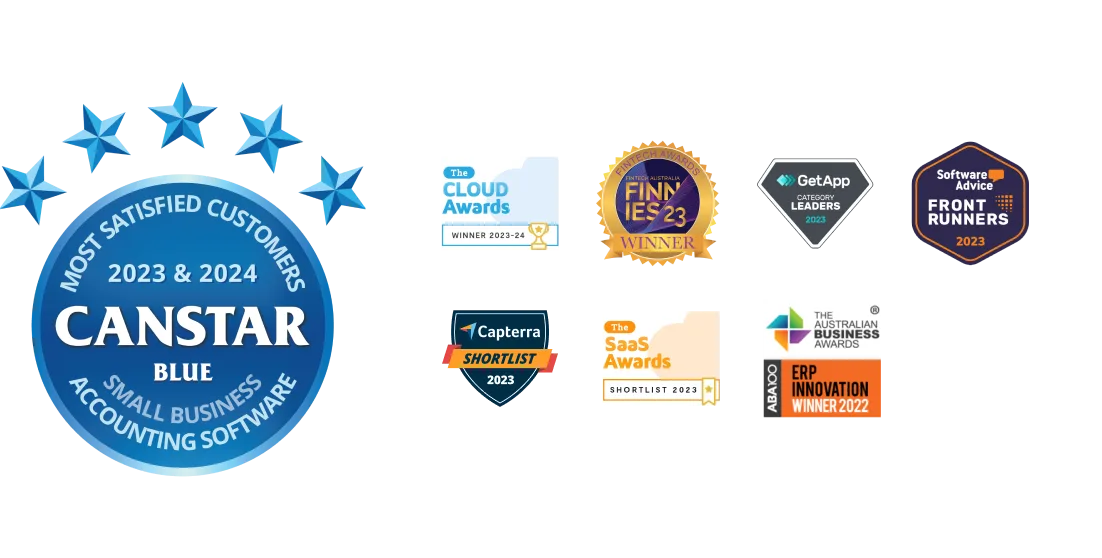 Several awards badges for 2023, featuring the logos of Canstar Blue, Finnies, Software Advice, Capterra, SaaS Awards, GetApp and The Australian Business Awards