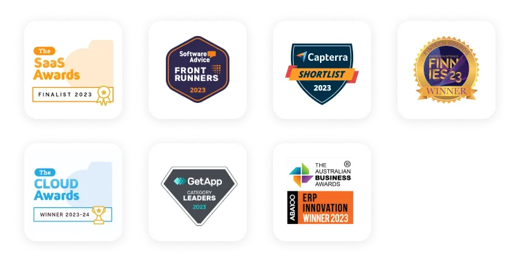 Several awards badges for 2023, featuring the logos of Finnies, Software Advice, Capterra, SaaS Awards, GetApp and The Australian Business Awards