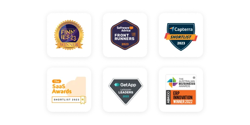 Several awards badges for 2023, featuring the logos of Canstar Blue, Finnies, Software Advice, Capterra, SaaS Awards, GetApp and The Australian Business Awards